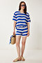 Striped Comfortable Summer Knitwear Set Cream Blue Lus0136