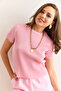 Women's Pink Crew Neck Short Sleeve Pleated Blouse Blz-19002892 - 3
