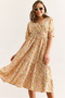 Women's Yellow Orange Elastic Waist Double Breasted Collar Woven Viscose Dress Elb-19002440