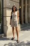 Beige Linen Look Striped Back Waist Elastic Knee Length Woven Shorts & Bermuda Twoss25Sr00022