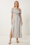 Women's Bone Gray Striped Off-The-Shoulder Summer Linen Dress Li̇00120