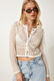 Women's Cream Gold Buttoned Openwork Stretchy Knitted Jacket Cardigan An00257 - 2