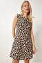 Women's Black Beige Patterned Mini Summer Woven Dress Li̇00118 - 2