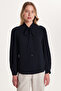 Women's Relax Fit Comfortable Cut Seersucker Fabric Square Cuff Navy Blue Scarf Collar Plain Shirt