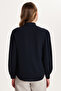Women's Relax Fit Comfortable Cut Seersucker Fabric Square Cuff Navy Blue Scarf Collar Plain Shirt - 5
