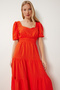 Women's Dark Orange Flounced Midi Linen Dress Fk00013 - 3