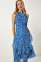 Women Dark Blue Patterned Flounced Summer Chiffon Dress Fg00025 - 3