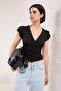 Black Cotton Shirred Button V-Neck Bodycon Super Stretch Knitted Blouse Twoss25Bz00563