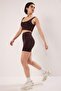 Kahverengi Fırçalı Soft Kumaş İç Bel Cep Detaylı Örme Spor Şort/Kısa Tayt THMSS24TY00020