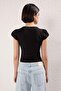 Black Cotton Shirred Button V-Neck Bodycon Super Stretch Knitted Blouse Twoss25Bz00563 - 4
