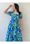 Women's Floral Patterned Chest Gimp Midi Length Summer Dress Orange, Blue - 4