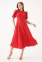 Women's Round Neck Short Balloon Sleeve Stretchy Crepe Fabric Midi Length Flared Cut Red Dress 092 - 6
