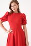 Women's Round Neck Short Balloon Sleeve Stretchy Crepe Fabric Midi Length Flared Cut Red Dress 092 - 2