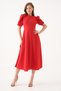 Women's Round Neck Short Balloon Sleeve Stretchy Crepe Fabric Midi Length Flared Cut Red Dress 092 - 7