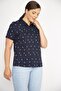 Women's Navy Blue Large Size Cotton Fabric Marine Pattern Polo Collar Short Sleeve Plus Size Blouse 65n36646 - 3