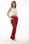 Women's Large Size Claret Red Side Pocket Elastic Waist Wide Leg Tracksuit Bottom 65N37055