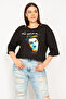Women's Large Size Black Off-the-Shoulder Digital Printed Blouse 65n33288