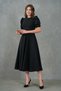 Balloon Sleeve Round Neck Stretchy Scuba Crepe Fabric Midi Length Flared Cut Black Evening Dress 092