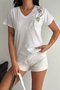 Women's White V-Neck Shoulder Leaf Sequin Sequin and Embroidery Embroidered 100% Cotton T-Shirt - 5