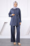 Navy Blue Cotton Jeans Tunic Trousers Suit - 2