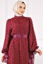 Burgundy Sleeve Tie Belted Evening Dress - 4