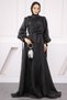 Black Balloon Sleeve Front Draped Chiffon Evening Dress - 2