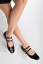 Black Patent Leather Laced Double Buckle Ready Sole Blunt Toe Comfortable Ballerinas