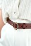 Women's Brown Leather Belt - 100 cm with Yellow Round Buckle - 2