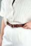 Women's Brown Leather Belt - 100 cm with Yellow Round Buckle