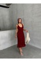 Women's Burgundy Strappy Openwork Summer Knitwear Dress - 6