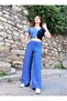 Women's Indigo Blue Wide Leg Elastic Waist Comfortable Double Pocket Comfortable Linen Textured Trousers Yb2933 2933366 - 6