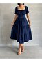 Women's Navy Blue Gathered Collar Stretch Dress
