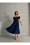 Women's Navy Blue Gathered Collar Stretch Dress - 5