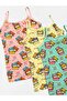 Girl's 100% Cotton Thin Strap Green Yellow Pink Color Kitten Paw Patterned 3-Piece Undershirt - 4