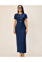 Navy Blue Ottoman Fabric Short Sleeve Midi Dress with Slit Detail – with Sun Accessories 7279 - 5