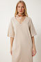Oversize Basic Summer Stretch Knitted Dress Beige Lub0113 - 3