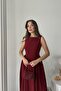 Burgundy Side Gathered Midi Length Linen Dress - 4