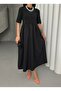 Women's Black Stretchy Knitted Top Poplin Skirt Dress - 2
