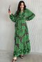 Women's Green Button Detailed Placket Neckline Ethnic Print Balloon Sleeve Loose Long Dress - 2
