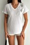 Women's White V-Neck Shoulder Leaf Sequin Sequin and Embroidery Embroidered 100% Cotton T-Shirt - 2