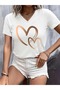 Women's Gold Heart Printed White V-Neck T-Shirt Printed Oversize Loose - 5