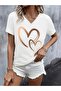 Women's Gold Heart Printed White V-Neck T-Shirt Printed Oversize Loose - 2