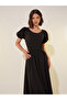 Solid Puff Sleeves Round Neck A-Line Maxi Dress - 3