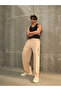 Beige Solid Drawstring Waist Wide Leg Pants - 6