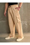 Beige Solid Drawstring Waist Wide Leg Pants - 3