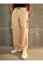 Beige Solid Drawstring Waist Wide Leg Pants - 8