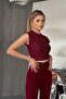 Summer Crew Neck Full Spreading Stone Detail Burgundy Crop Blouse - 3