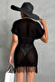Women's Tasseled Bikini Top Mesh Knit Mini Beach Dress Black Tunic - 3