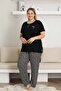 Embroidered Women's Pajama Set - Black Large Size Short Sleeve Lycra Bamboo Viscose 2857Kyb - 2