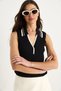 Women's Black Ecru Polo Collar Ribbed Thick Strap Summer Knitwear Blouse 20258017 - 5